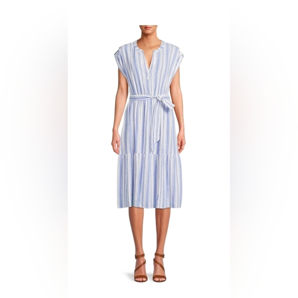 Time and Tru Striped Linen-Blend Tiered Midi Dress Blue and White - Size M 2035 - Picture 2 of 7